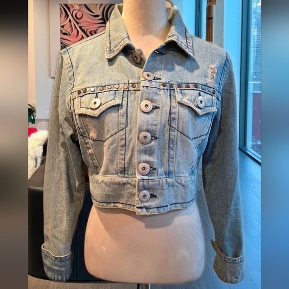 149 Z Cavaricci Vintage Y2K Cropped Distressed Denim Jacket - Picture 2 of 8